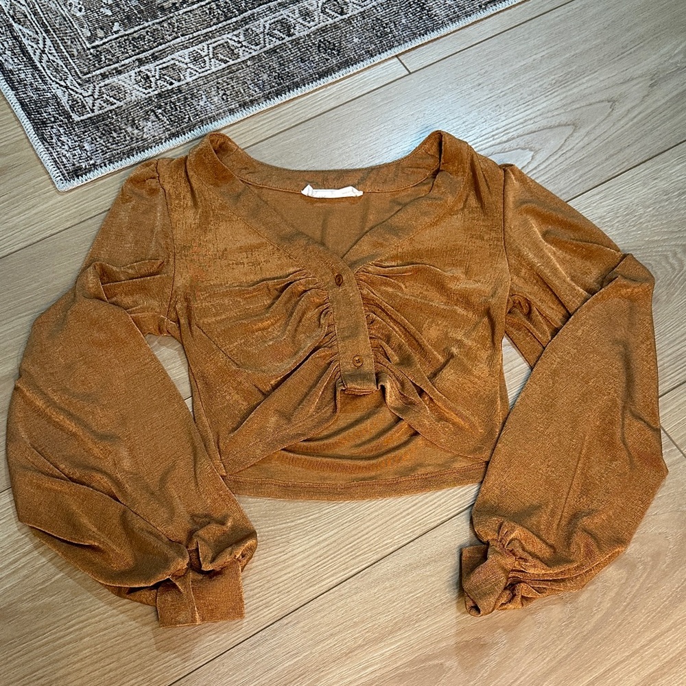 Elodie Rust Brown Ruched Long Sleeve Crop Top